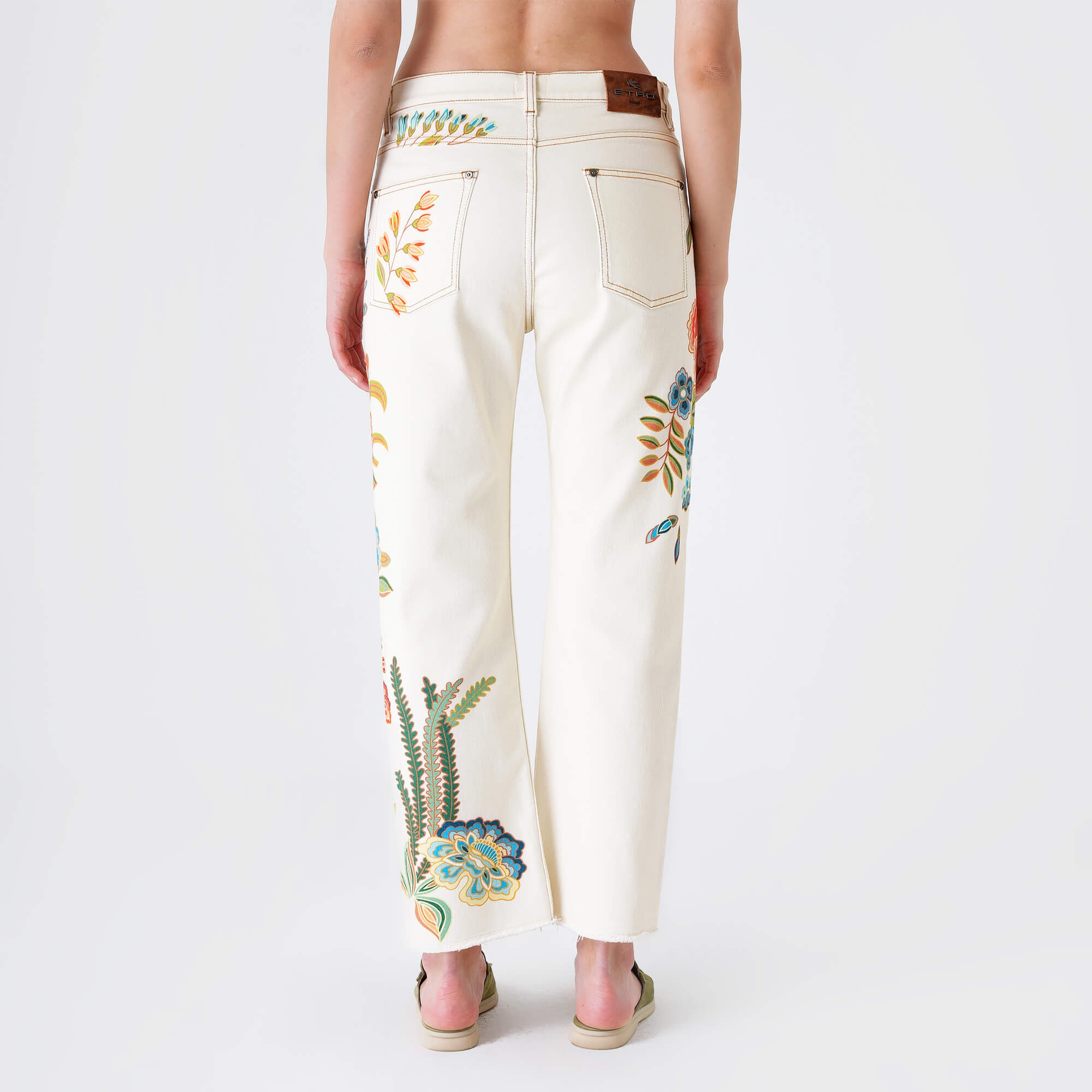 Etro - Cream Denim&Orange Floral Embossed Flare Jean Pants